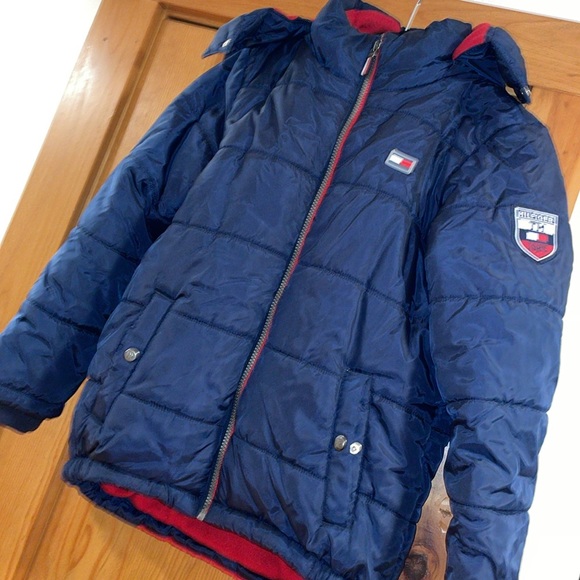 Tommy Hilfiger Winter Puffer Jacket Fleece Lined removable Hood Navy Blue 10/12 - Picture 1 of 15